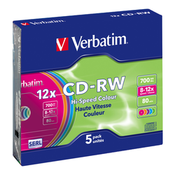 verbatim 43167 CD-RW, 12x, 700 MB / 80 min, 5-pack slim case, SERL, colored
