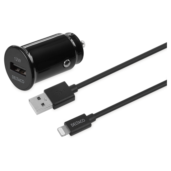 USB car charger, 1x USB-A 2.4 A, 1 m Lightning cable, black - Deltaco USB-CAR130